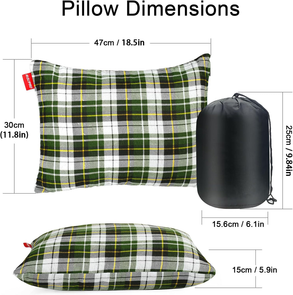 Outdoor Camping Pillow Lightweight, Compressible, Flannel Travel Pillow Cases, Washable Removable Pillow Cover Camping and Backpacking Green