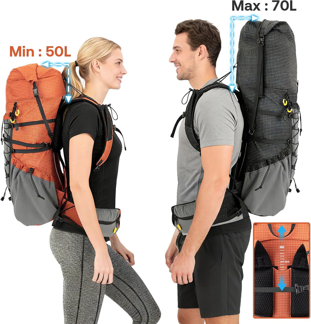 Night Cat Internal-frame Hiking Backpcack: 50L / 60L / 70L Roll Top Lightweight Travel Backpack with Rain Cover for Men Women Hiking Camping Backcpacking Orange Red