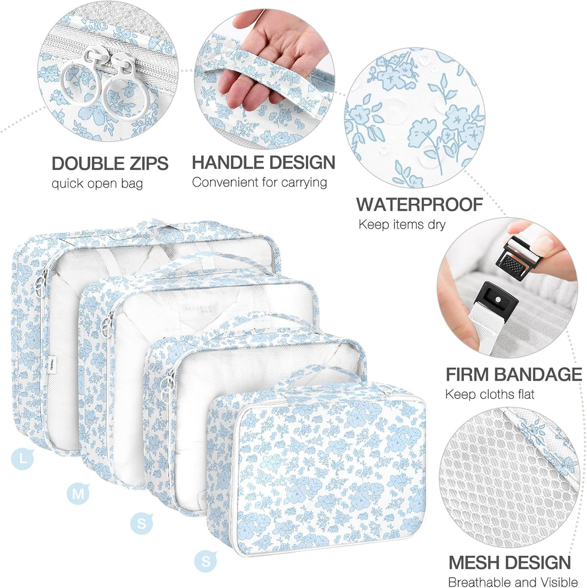8 Set Packing Cubes for Suitcases,Packing Cube with Shoe, Cosmetics, Clothing, and Accessories Bags Packing Cubes for Travel Luggage Organizer Women Men(Blue Flowers)