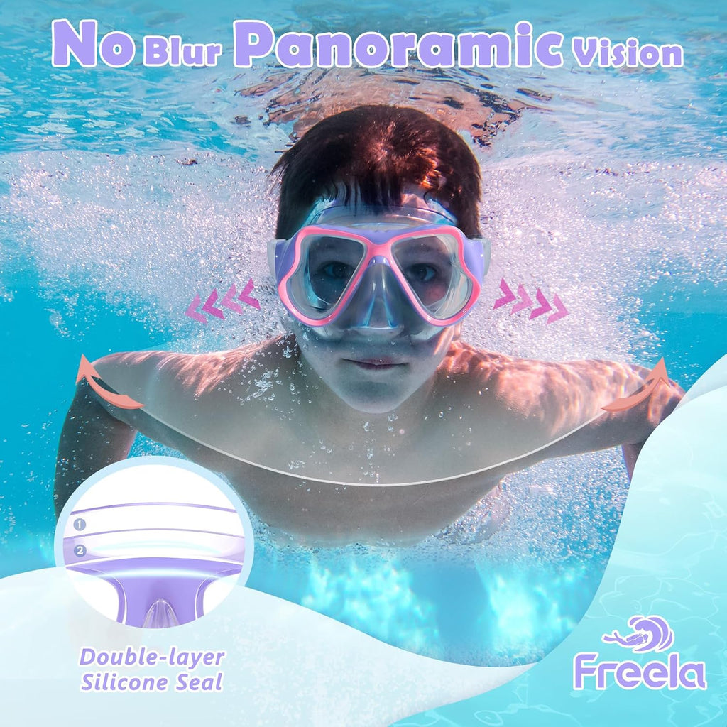 Freela Kids Swim Goggles Mask Tempered Glass Lens 180° View with Nose Cover