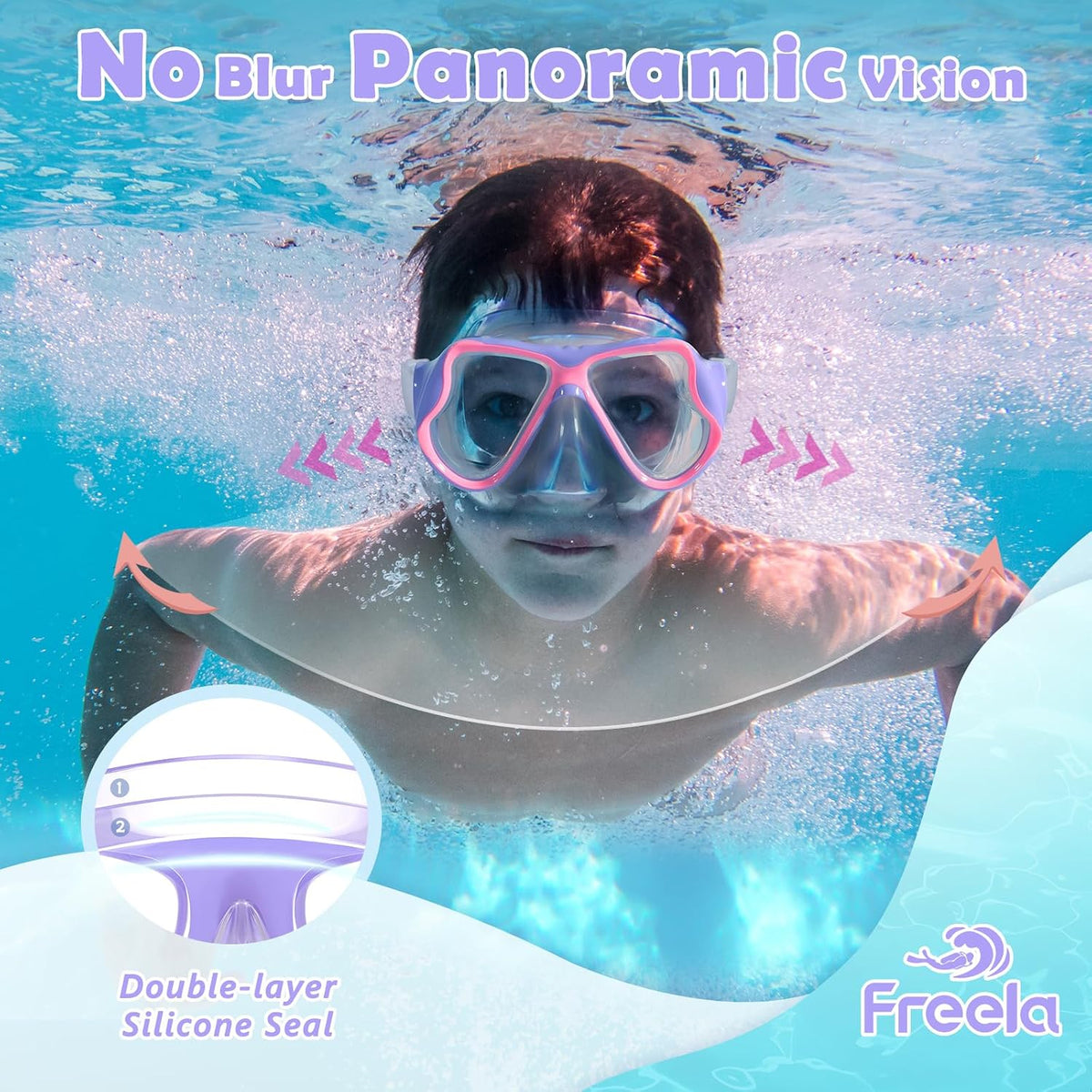 Freela Kids Swim Goggles Mask Tempered Glass Lens 180° View with Nose Cover
