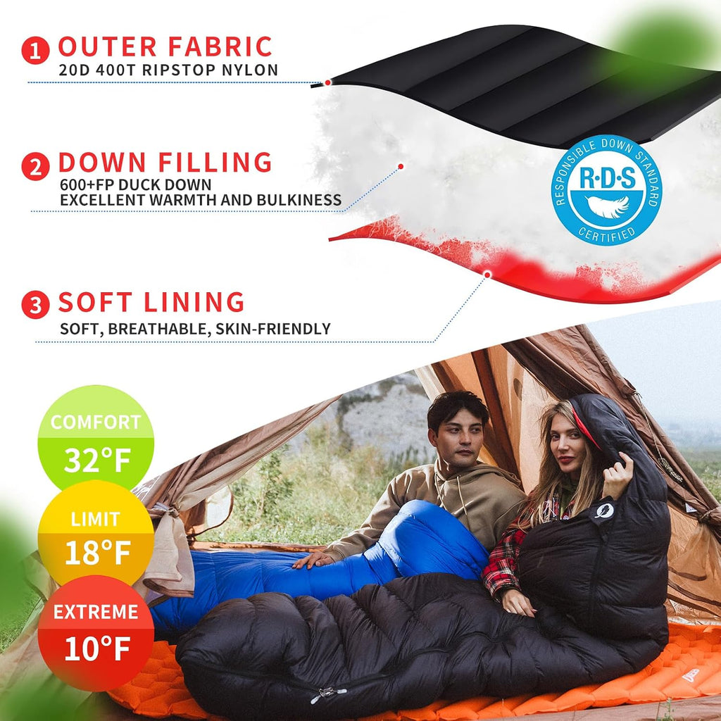 Down Sleeping Bag for Adults, 600 Fill Power Ultralight Backpacking