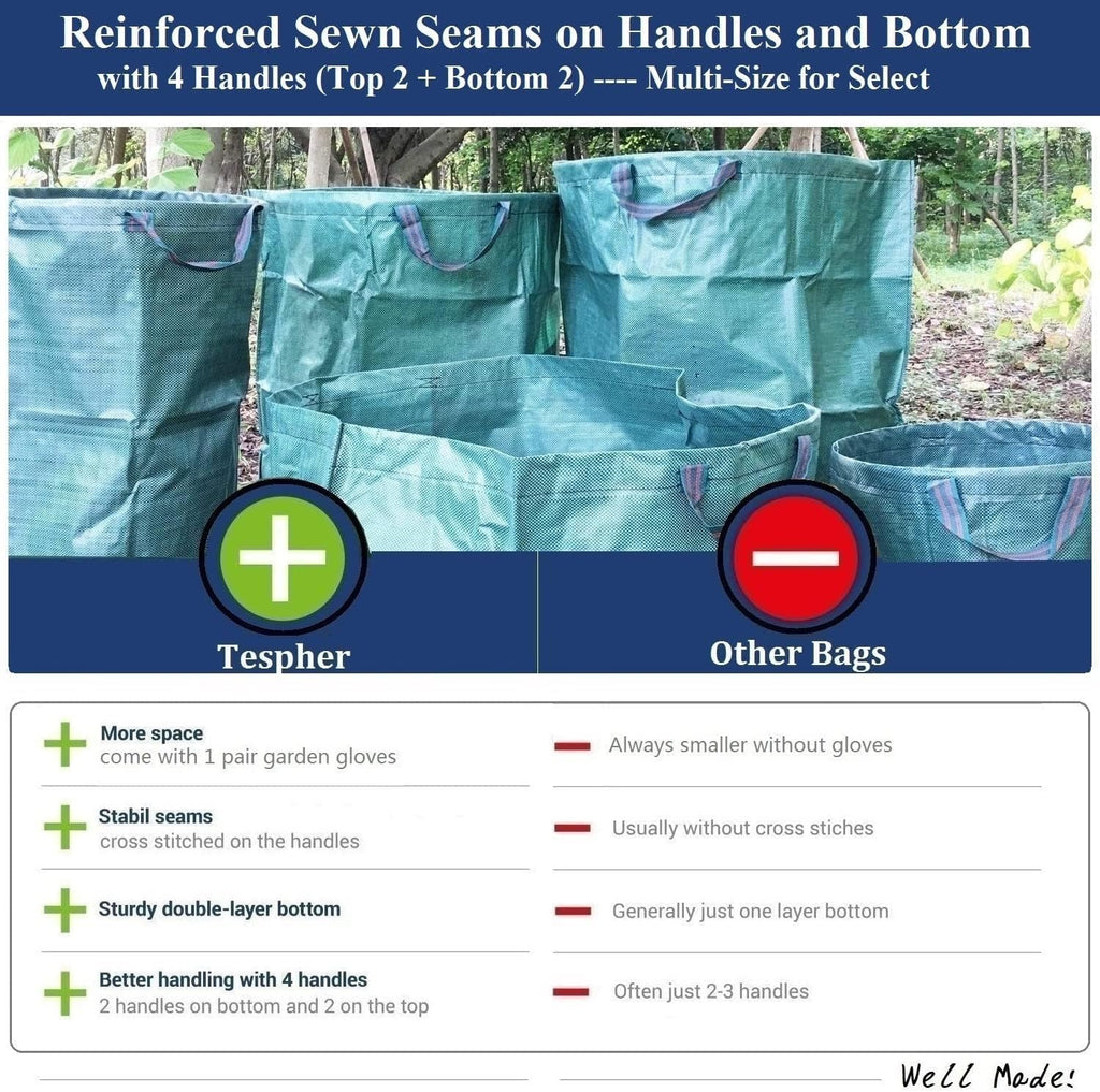 Standard 3-Pack 46 Gallon Lawn Garden Bags Big (D26,H19 in) Yard Waste Bags with Gardening Gloves for Leaf Bag,Yard Debris,Camping Waste,Garden Trash Container,Lawn Grass Clippings,Weeds Bag 4 Handles