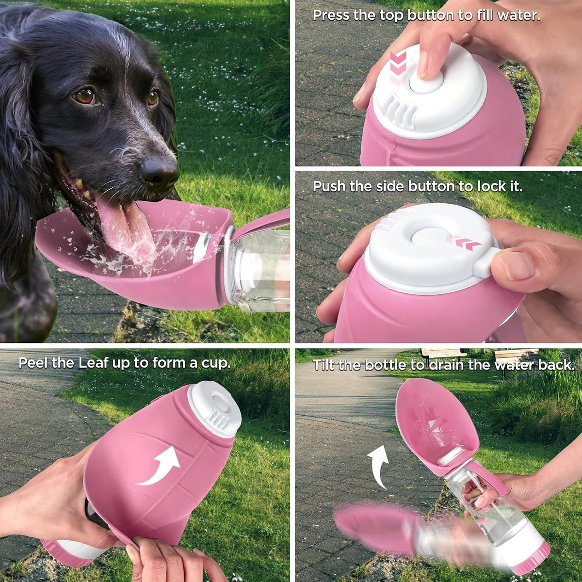 Uppetly Dog Water Bottle, Pet Water Bottle with Food Container and Drinking Feeder, Leak Proof, BPA-Free, Portable Foldable Puppy Water Cup Dispenser for Outdoor Walking, Travel, Hiking Large Pink