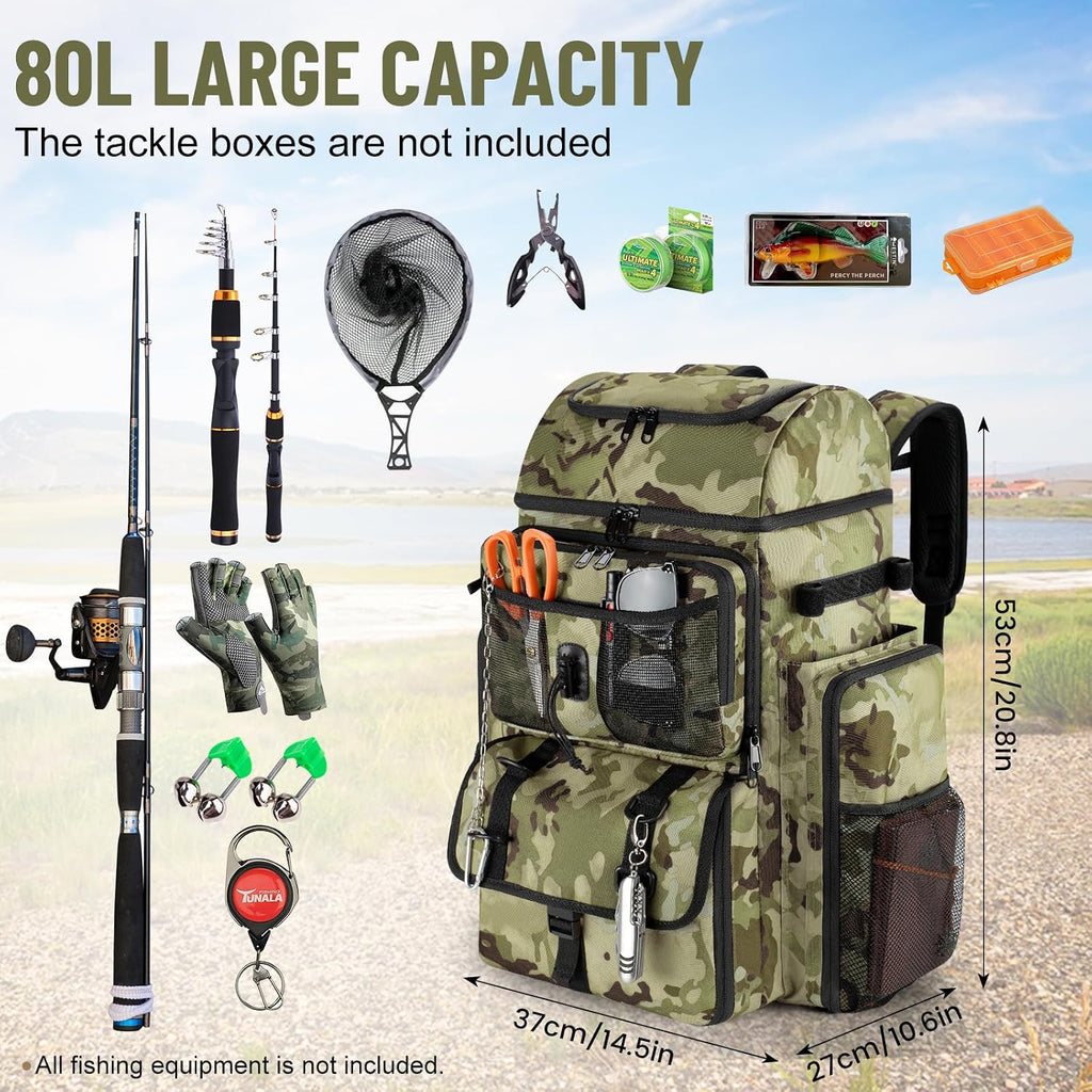 VJI 52L Large Fishing Tackle Backpack with Rod Holders, Green Camo