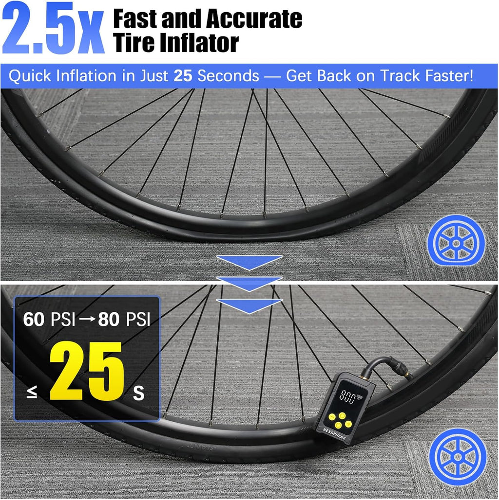 Mini Bike Tire Pump, Max 150 PSI, 25s Fast Inflate Bicycle Pump with Gauge, Electric Tire Inflator, Portable Air Pump with Presta & Schrader Valve for Mountain, City, Road, E-Bike, and Ball