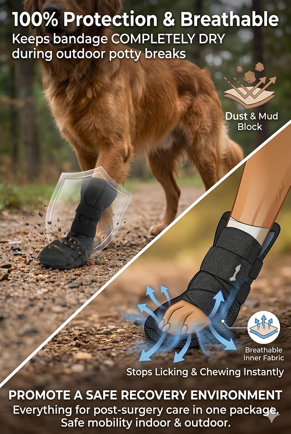 Dog Paw Wound Recovery Boot with Self-Adhering Pet Bandage, Breathable Paw Protector Kit for Injured Paws,Anti-Slip Shoe & Vet Wrap for Post-Surgery Care, Licking Prevention (1 Boot+1 Roll) S