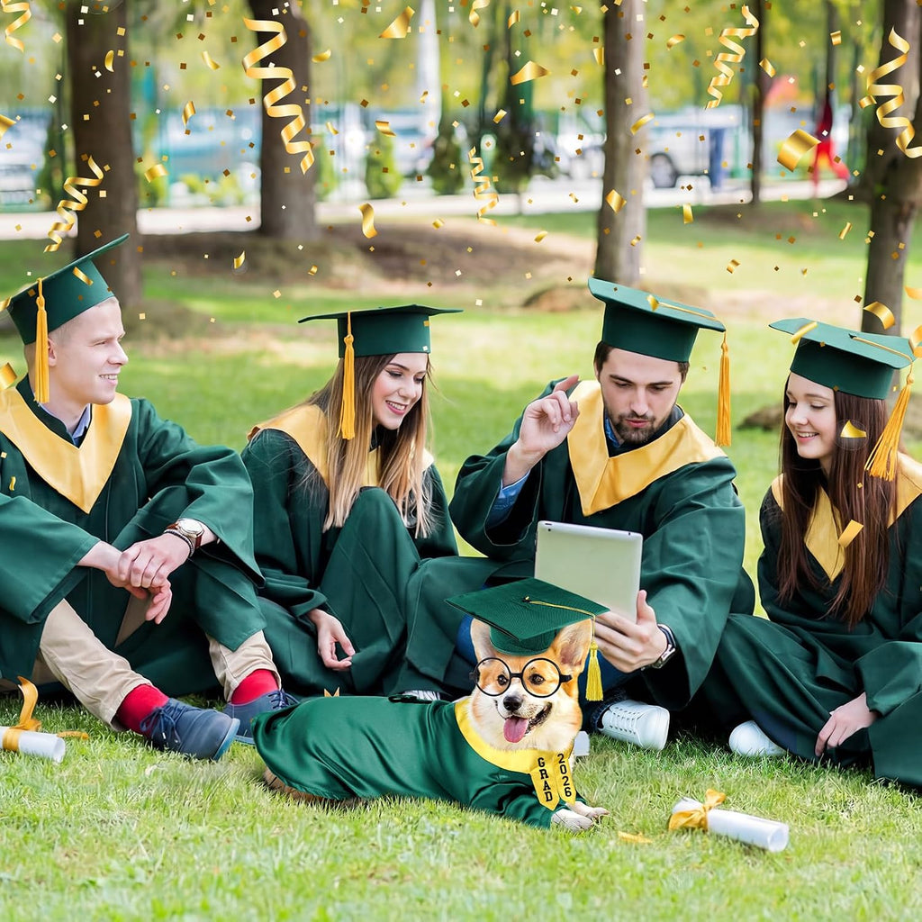 Huhumy 5 Pcs Dog Graduation Costume Set Include 2026 Pet Graduation Gown with Stole Puppy Grad Cap Lensless Glasses DIY Letter Stickers for Dogs Cats Holiday Costume Accessory(Green Yellow,S)