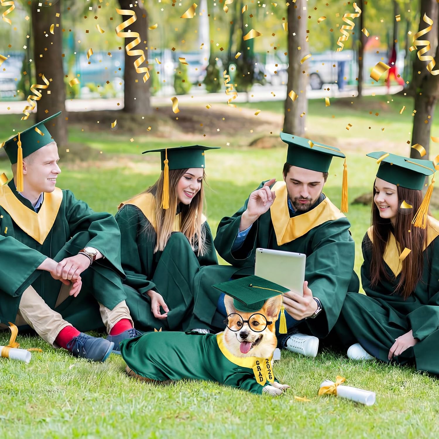 Huhumy 5 Pcs Dog Graduation Costume Set Include 2026 Pet Graduation Gown with Stole Puppy Grad Cap Lensless Glasses DIY Letter Stickers for Dogs Cats Holiday Costume Accessory(Green Yellow,S)
