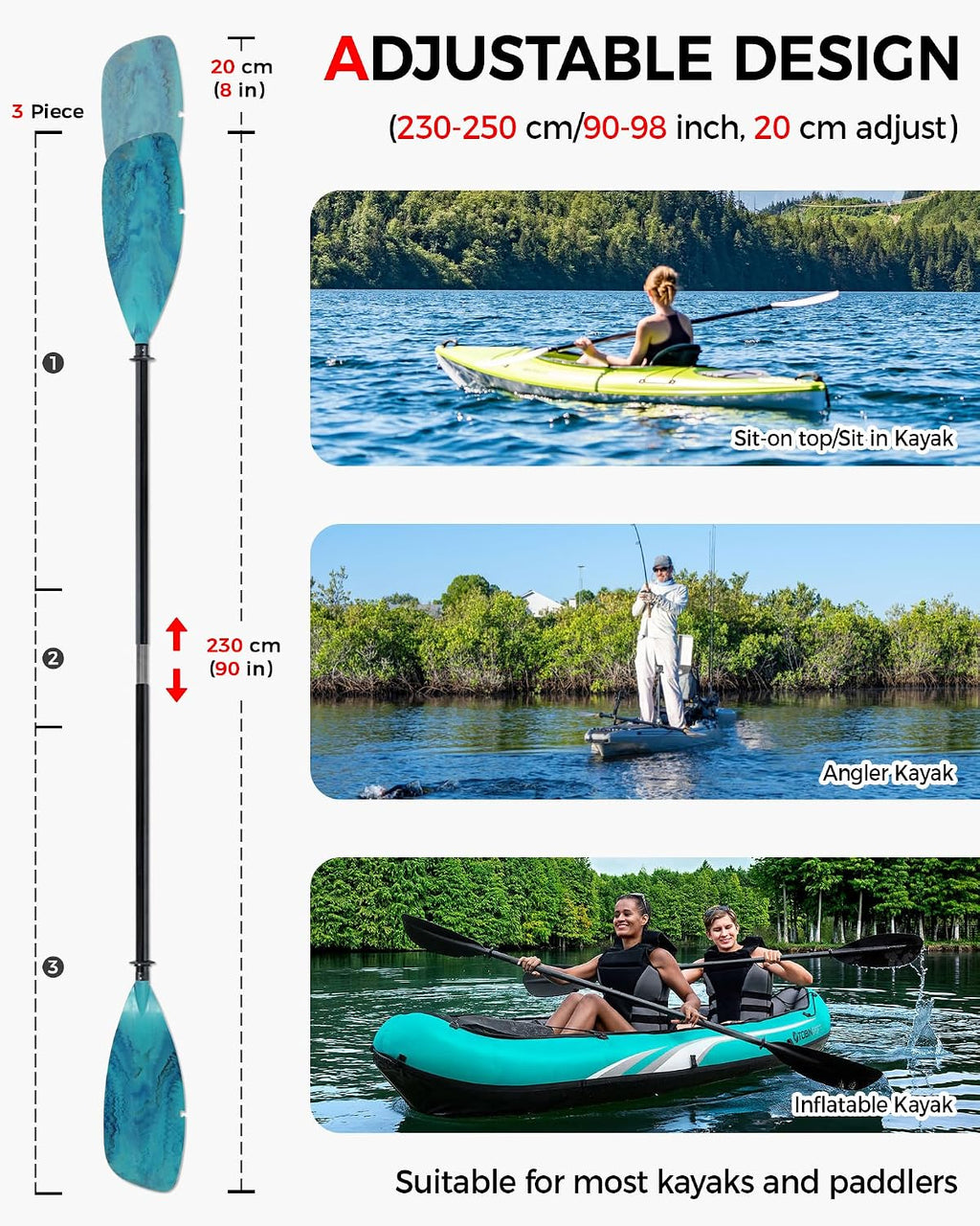 Angler Kayak Paddle, Adjustable Fiberglass Kayak Fishing Oar