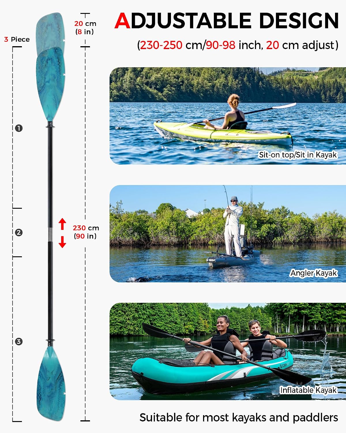 Angler Kayak Paddle, Adjustable Fiberglass Kayak Fishing Oar