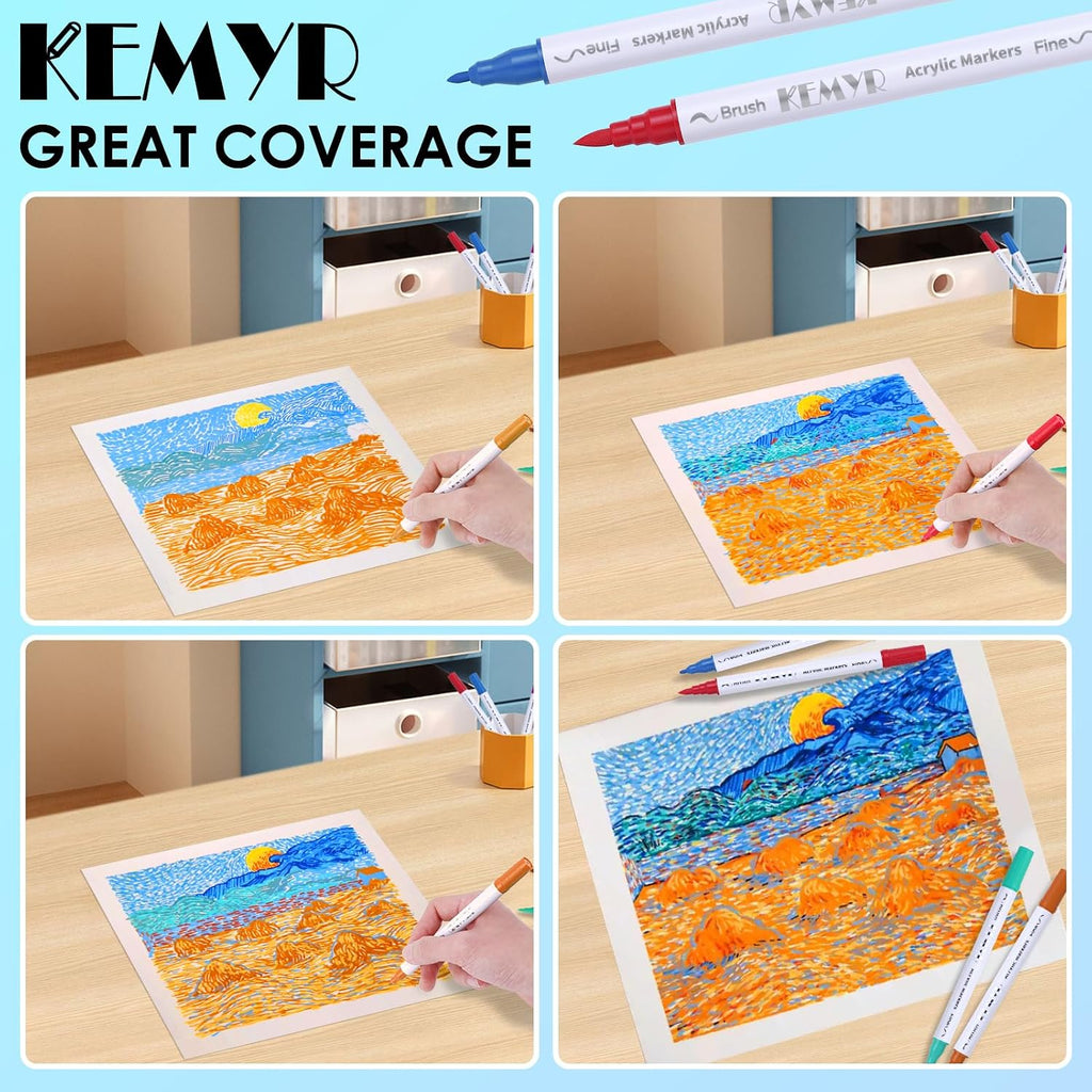 KEMYR 120 Colors Brush & Fine Tip Acrylic Paint Pens, Dual Tip Acrylic Paint Markers for Paper, Wood, Canvas, Stone, Rock, Glass, Fabric, DIY, Ceramic, Art Supplies for Adults Drawing