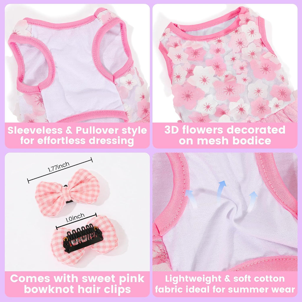 Dog Dresses for Small Dogs Girl, Fashion Small Dog Clothes for Girls, Teacup Chihuahua Toy Poodle Puppy Clothes and Bows, Summer Lightweight Sweet Princess Tutu with Dog Bowknot Clips, Pink
