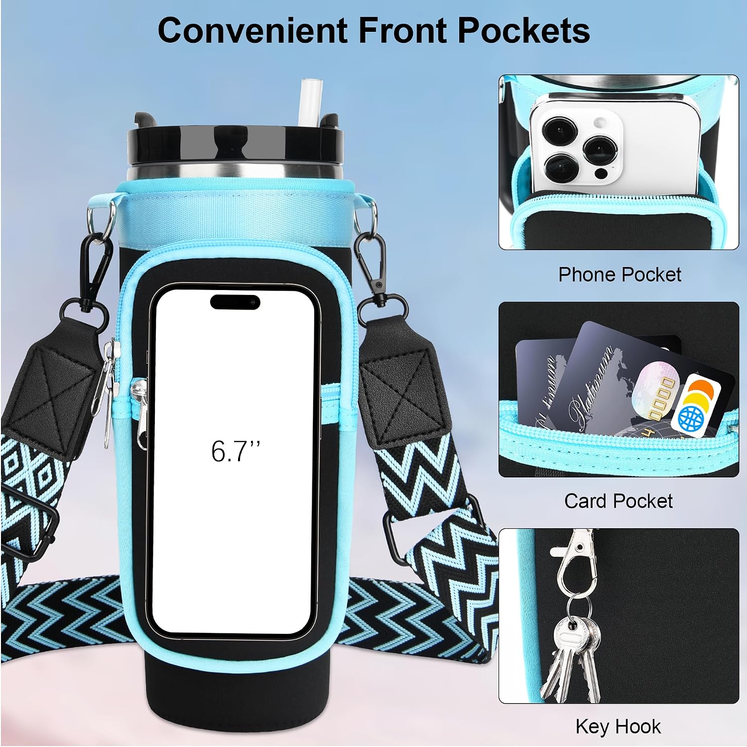 Water Bottle Carrier Bag with Canvas Shoulder Strap for Stanley 30 oz Tumbler with Handle, Water Bottle Holder Pouch with 6.7'' Phone Pocket for Stanley Cup Accessories, Birthday Gifts for Men Women