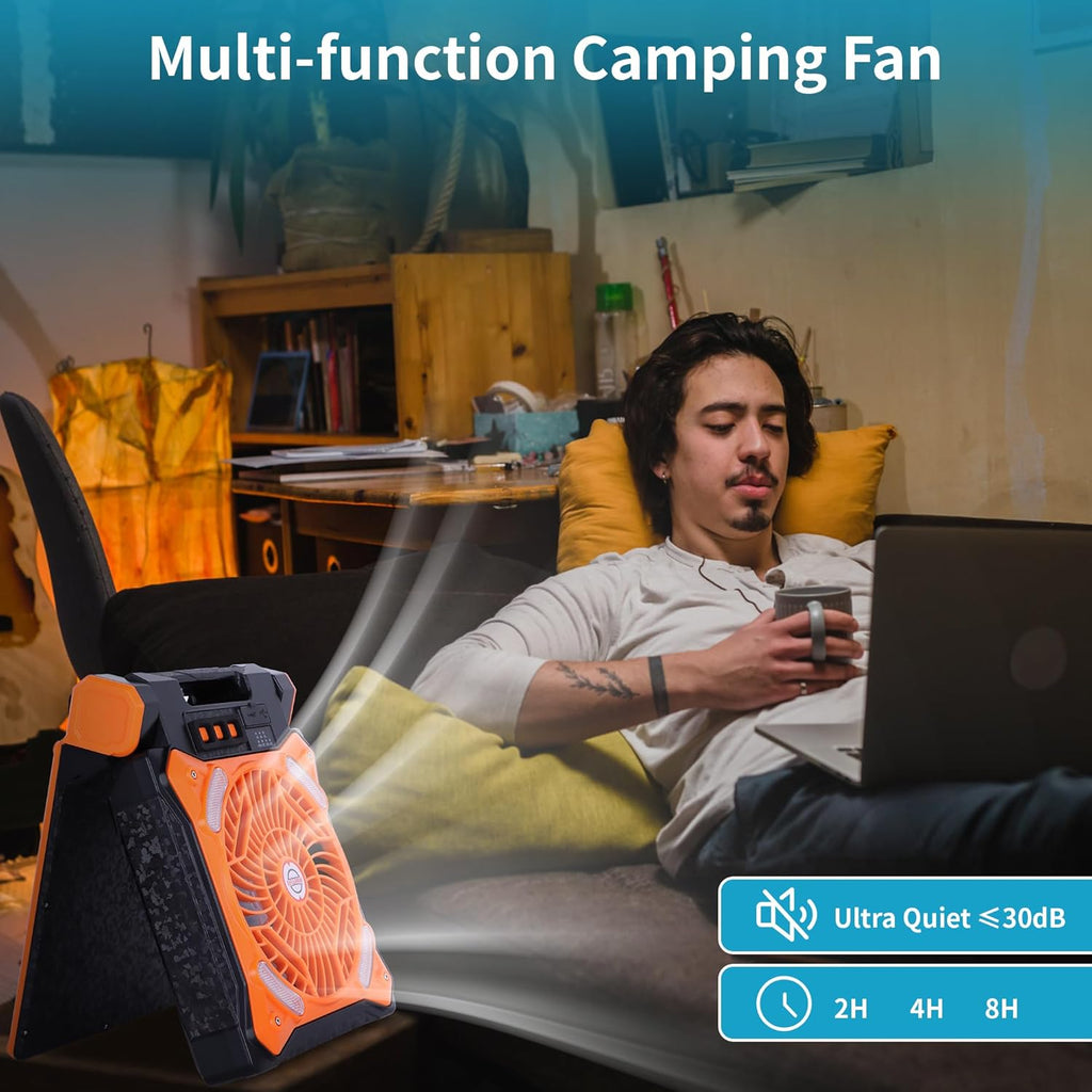 WESTTREE Solar Fan Battery Powered Rechargeable Solar Camping Fan with Led Lantern Power Bank Foldable Angle USB Personal Fans for Travel Outdoor CampingTents camping essentials X98 Orange