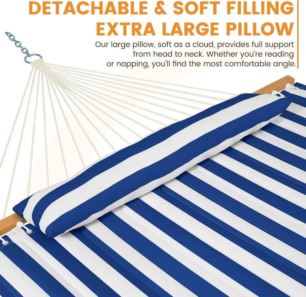 Lazy Daze Double Quilted Hammock with Pillow and Carabiners, Blue White