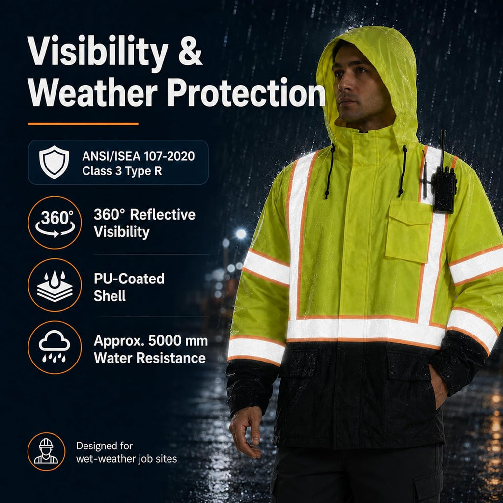 SKSAFETY Hi Vis Safety Rain Jacket for Men, Construction Work Rain Gear Heavy Duty Class 3 Rain Coat Waterproof Lightweight
