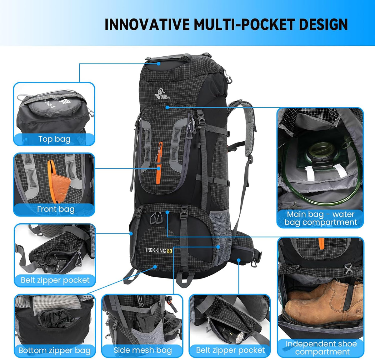 Bseash 80L Waterproof Hiking Camping Backpack with Rain Cover, Lightweight Outdoor Sport Travel Daypack for Climbing Touring