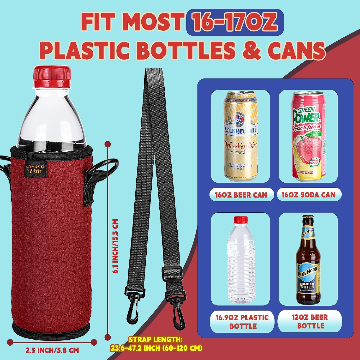 Portable 16.9 oz Plastic Bottles Insulators Sleeves 16 17 18 oz Beverage Bottle/Can Sleeves Holder with Shoulder Strap Plastic Bottle Sleeves Coolers 2 PCS (Black/Red)