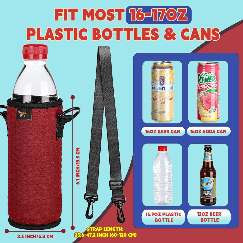 Portable 16.9 oz Plastic Bottles Insulators Sleeves 16 17 18 oz Beverage Bottle/Can Sleeves Holder with Shoulder Strap Plastic Bottle Sleeves Coolers 4 PCS (Black/Red/Blue/Cyan)