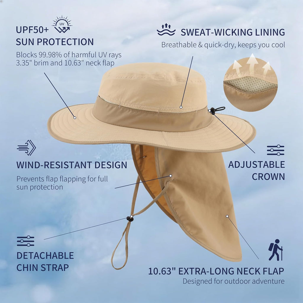 Connectyle Wide Brim Sun Hat for Men Women UPF 50+ Breathable Fishing Hat with Neck Flap Outdoor Hiking Safari Bucket Hats