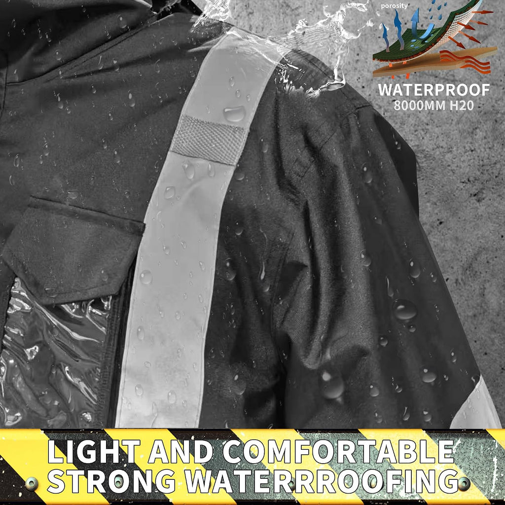 Hi-Vis Reflective Safety Rain Jacket and Pants for Men Women Waterproof Rain Gears with Inner Mesh Lining and pocket，Black 4XL/5XL