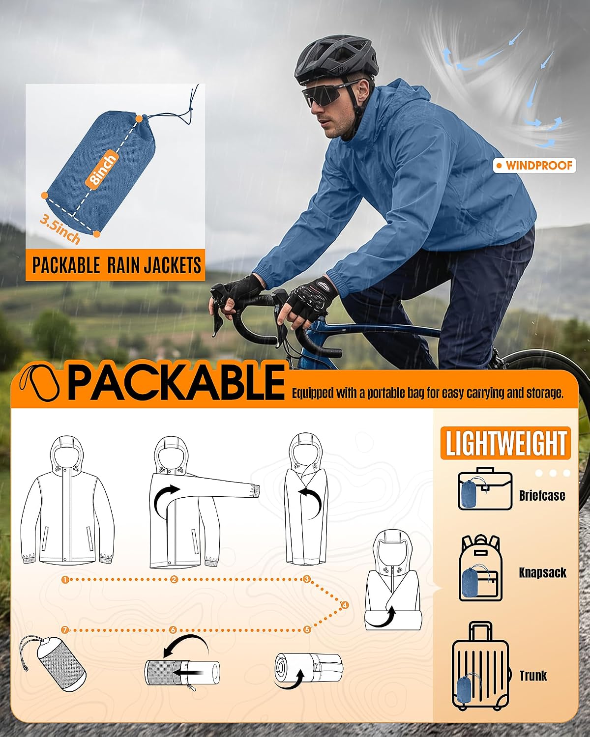 Outdoor Ventures Men's Rain Jacket Waterproof Lightweight Packable Raincoat