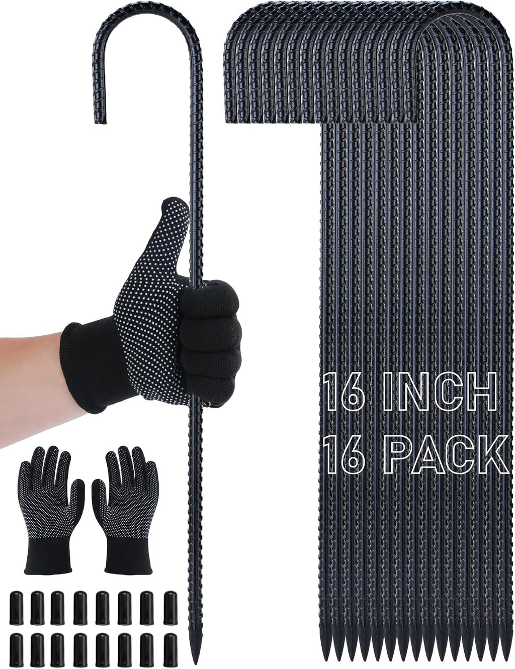 16 Inch J Hook Rebar Stakes 16 Pack, Heavy Duty 8mm Black E-Coated Metal Ground Stakes, Tent Anchors for Trampoline, Chain Link Fence, Canopy & Tarp, with Work Gloves & Safety Caps
