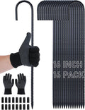 16 Inch J Hook Rebar Stakes 16 Pack, Heavy Duty 8mm Black E-Coated Metal Ground Stakes, Tent Anchors for Trampoline, Chain Link Fence, Canopy & Tarp, with Work Gloves & Safety Caps