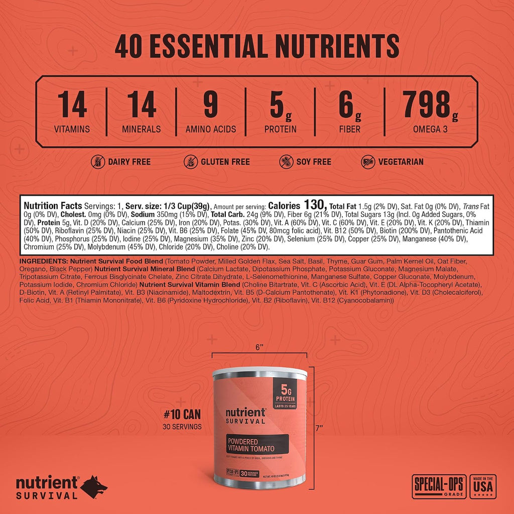 Nutrient Survival Tomato Powder, Powdered Vitamin Tomato (30 Servings) Emergency Food Supply & Camping Supplies for Soups, Sauces, Meatloaf, 40 Nutrients, Shelf Stable up to 25 Years, One Can