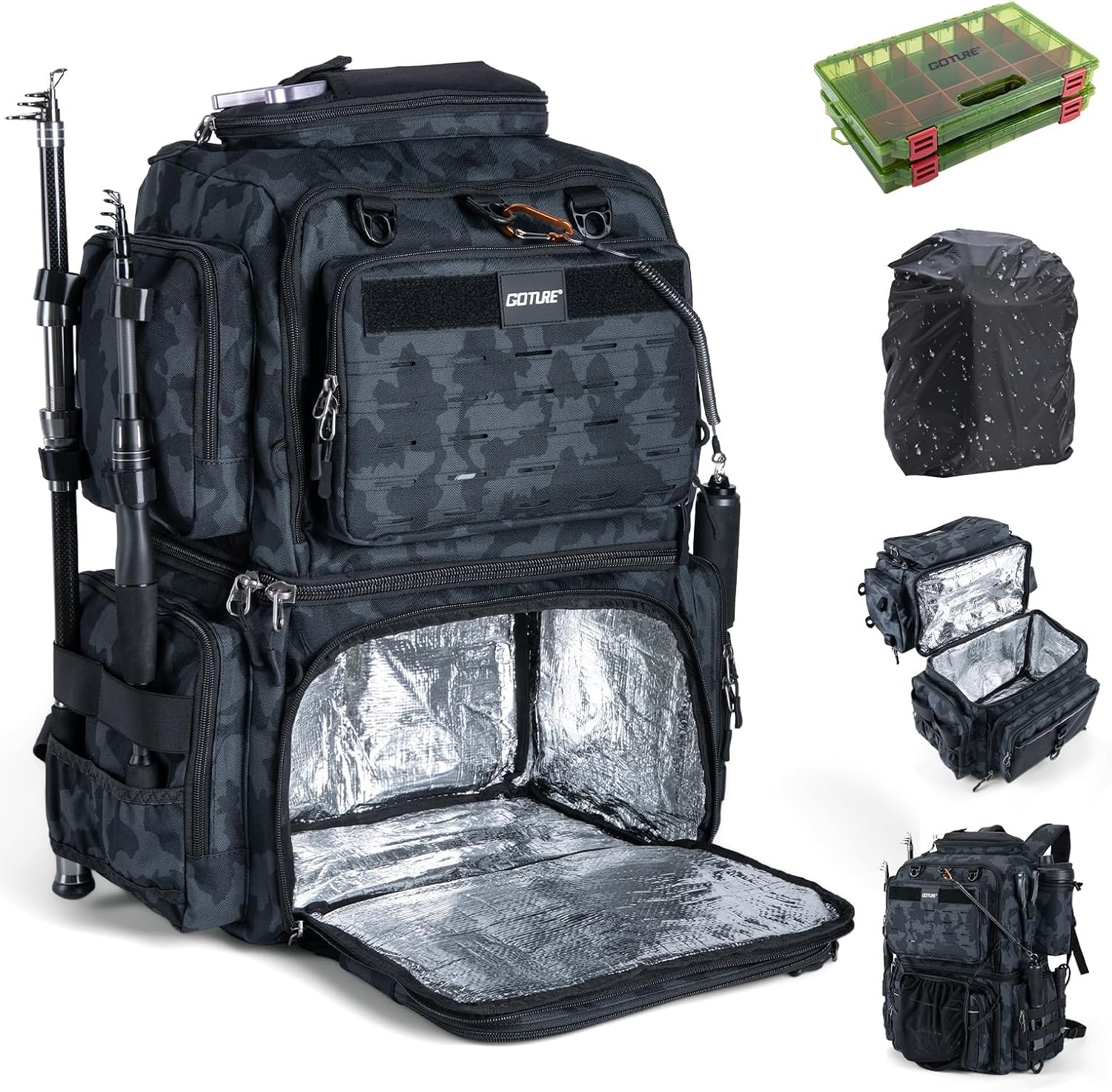 Goture Fishing Backpack with Cooler, 2 3600 Tackle Boxes,2 Rod Holders