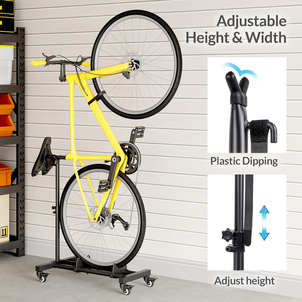 Vertical Bike Stand, Freestanding Bike Rack for Garage Storage, Upright Bicycle Floor Stand with Adjustable Height and 360° Rolling Wheels, Space Saving Indoor Bike Holder for 24"-29" Standard Bikes