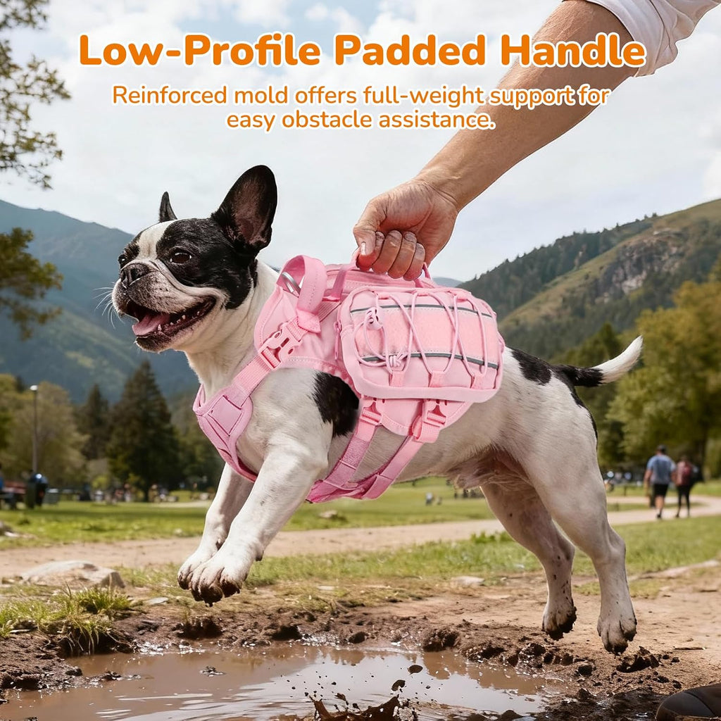 Large Dog Harness Backpack, No Pull Adjustable Dog Vest with Handle & Leash Ring, Lightweight Dog Backpack with Side Pockets for Walking, Training & Day Hikes, Pink, L