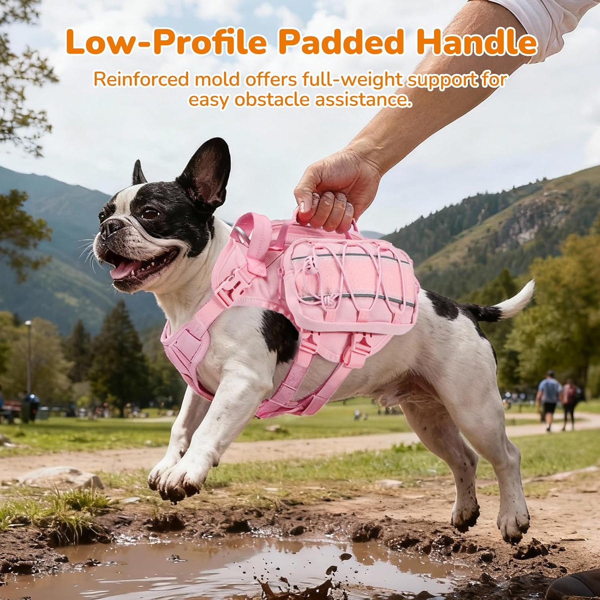 Large Dog Harness Backpack, No Pull Adjustable Dog Vest with Handle & Leash Ring, Lightweight Dog Backpack with Side Pockets for Walking, Training & Day Hikes, Pink, L
