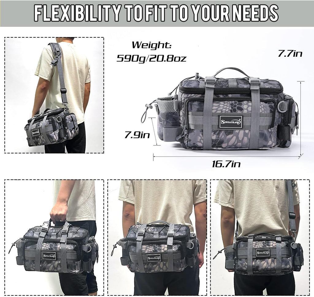 Sougayilang Fishing Tackle Bags with 3600 Tackle Tray - Fishing Tackle Storage Bags for Saltwater or Freshwater Fishing Gear - Padded Shoulder Strap - Tackle Box Bag Fishing Bag(Grey)