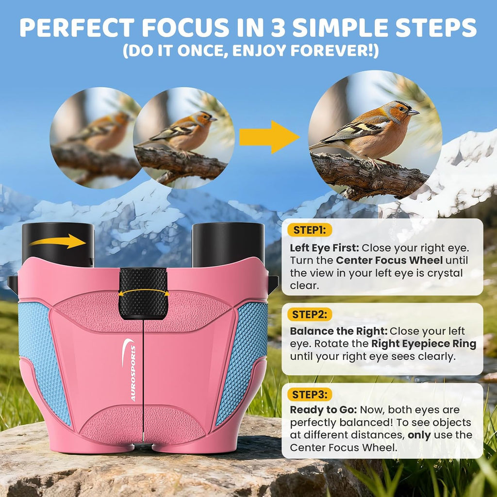 Aurosports 15x25 Compact Binoculars for Kids with Bird Guide Book, Pink