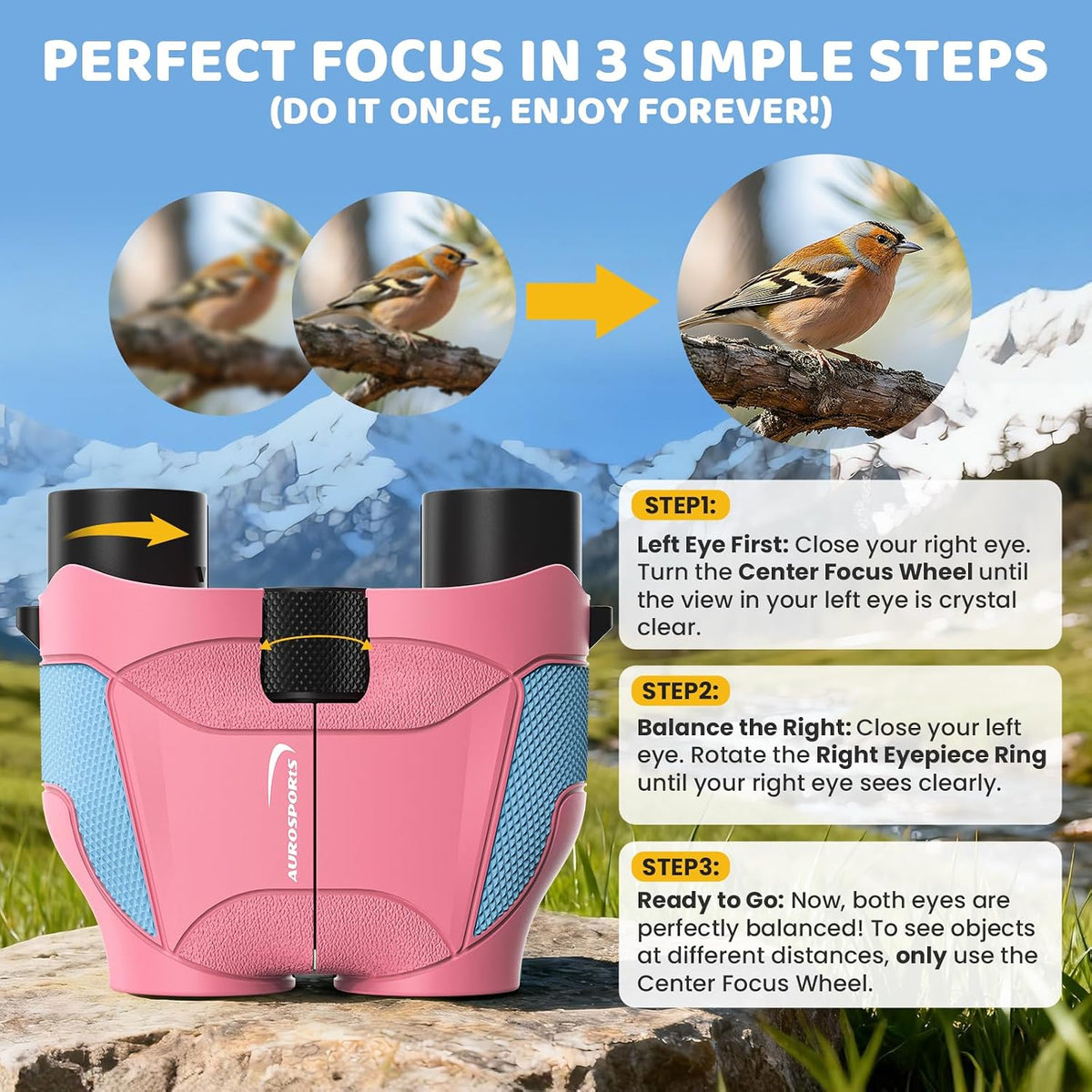 Aurosports 15x25 Compact Binoculars for Kids with Bird Guide Book, Pink