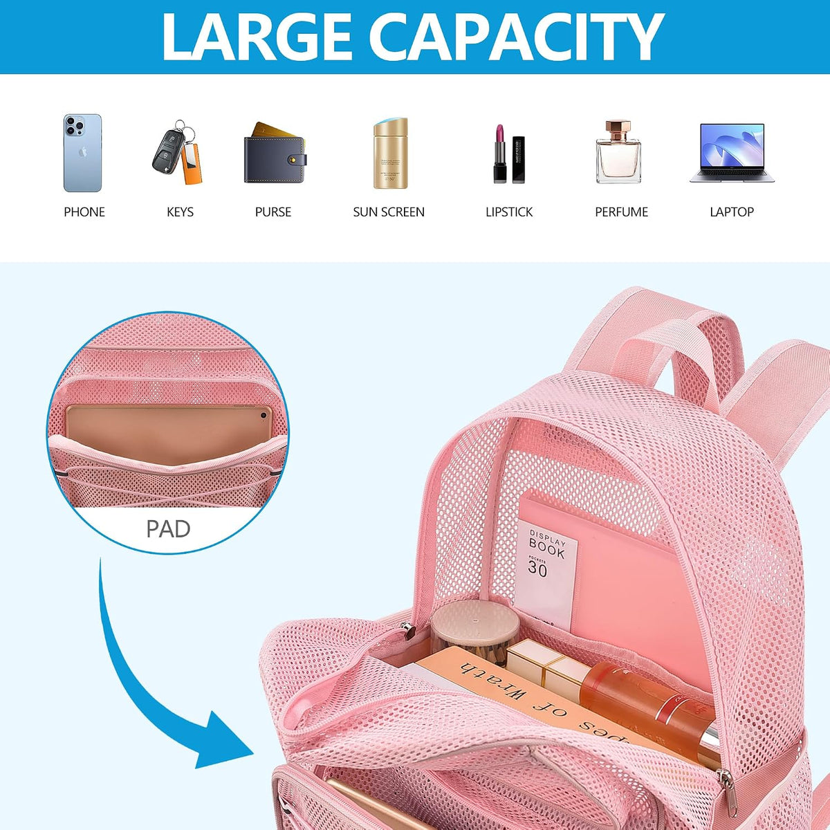 Paxiland Mesh Backpack Heavy Duty, 27L Large See Through Mesh Beach Bag