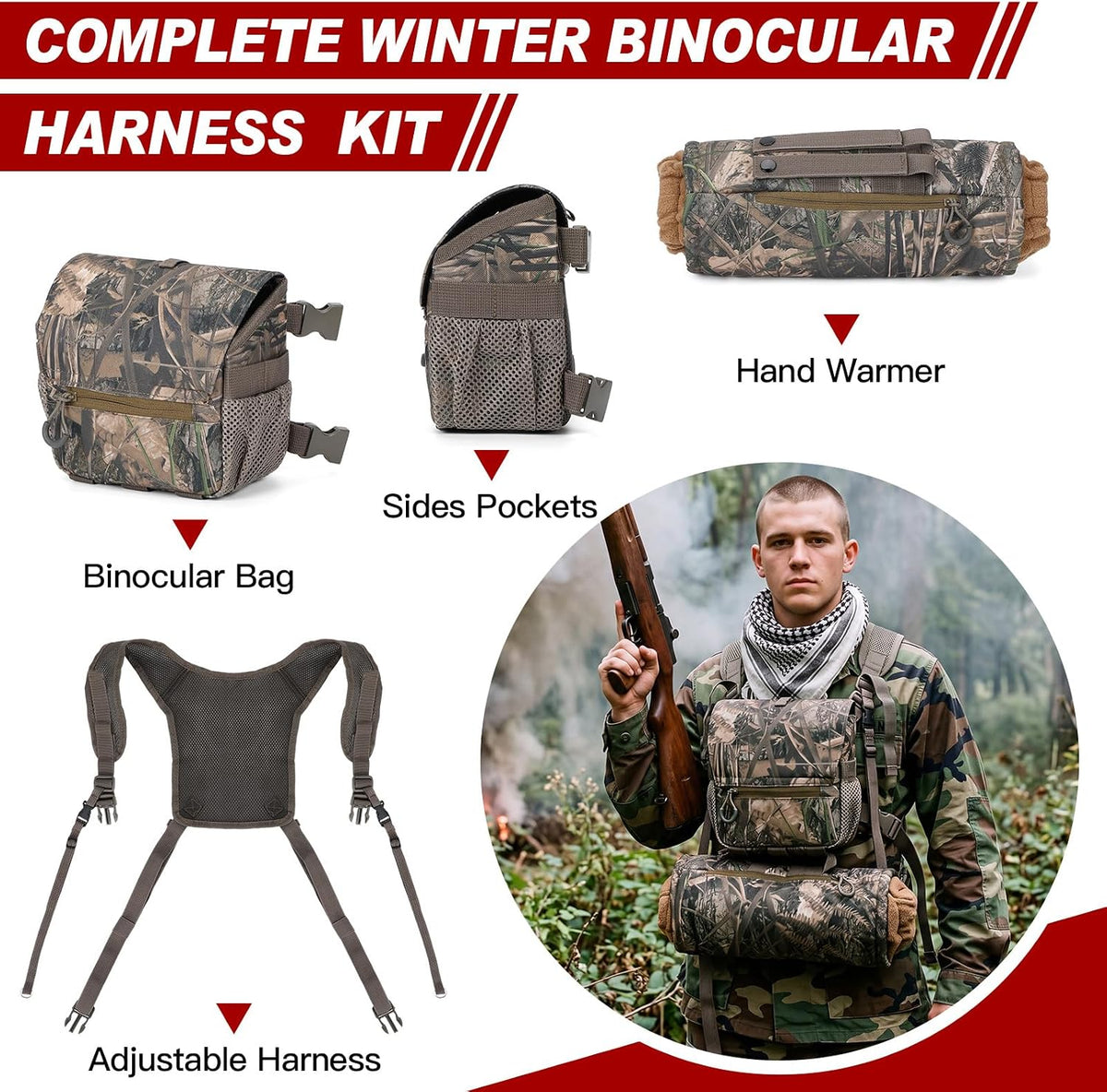 Binoculars Harness Chest Pack with Rangefinder Pouch and Hand Warmer Pockets, Adjustable Shoulder Strap, Ideal for Hunting, Hiking(Vintage,Camouflage)