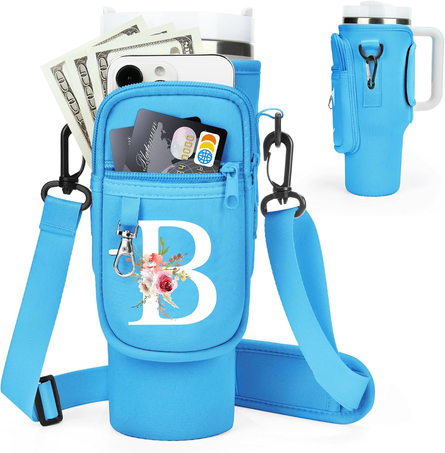 Initial Water Bottle Holder with Strap for Stanley Cup Accessories 40 oz/Simple Modern Tumbler, Birthdays for Women Girls, Water Bottle Carrier Bag with Phone Pocket,Hiking Walking Gym Camping
