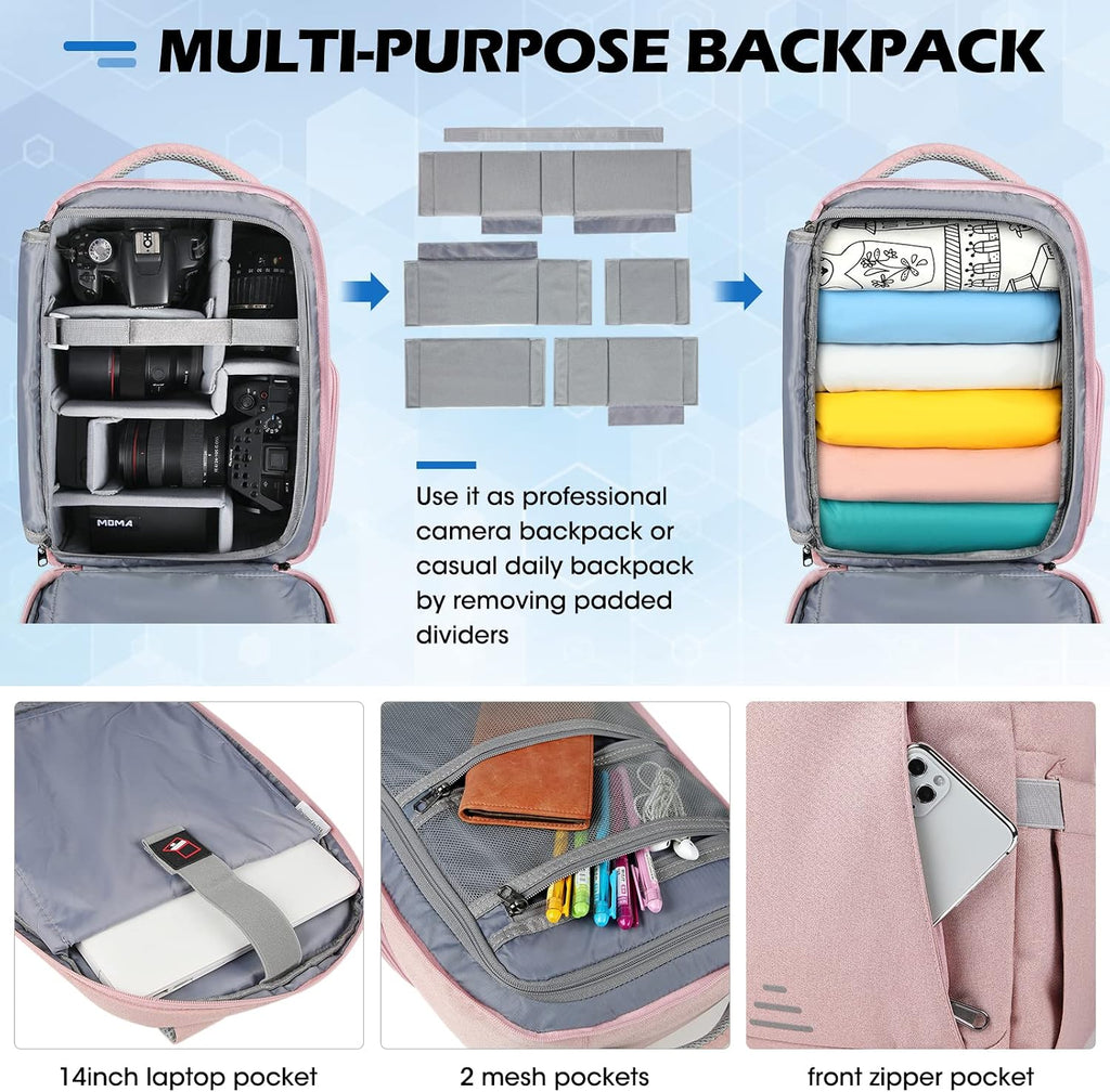 RAINSMORE Camera Backpack for DSLR SLR Mirrorless Cameras - Professional 14 Inch Laptop Compartment Waterproof Photography Bag with Tripod Holder & Rain Cover for Travel & Hiking, Pink