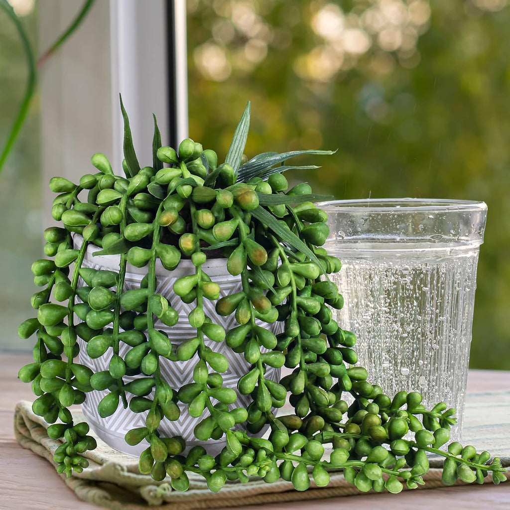 Set of 3 Assorted Small Potted Succulent Plants Fake Aloe String of Pearls Hops Succulents in Gray Geometric Concrete Ceramic Pots for Gifts Modern Home Office Desk Table Indoor Outdoor Greenery Decor