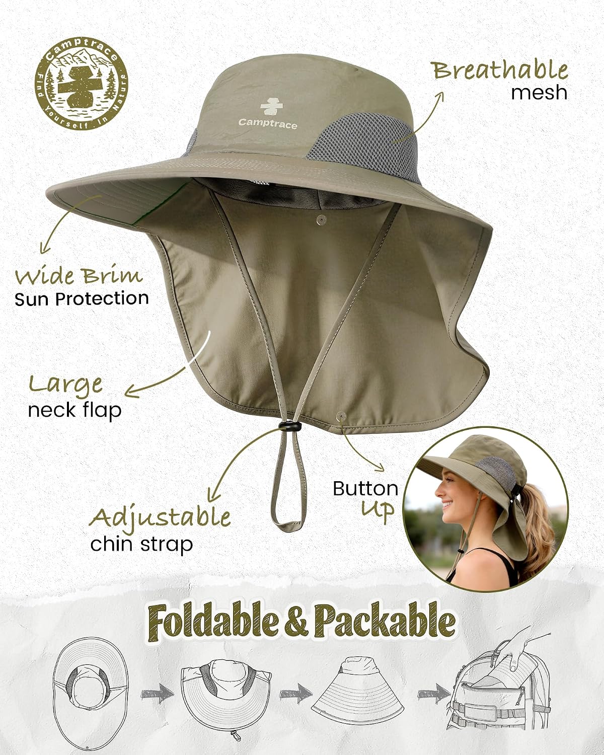 Camptrace Sun Hats for Women Men with Neck Flap UV Protection Wide Shade