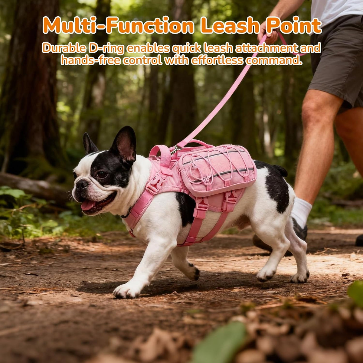 Large Dog Harness Backpack, No Pull Adjustable Dog Vest with Handle & Leash Ring, Lightweight Dog Backpack with Side Pockets for Walking, Training & Day Hikes, Pink, L