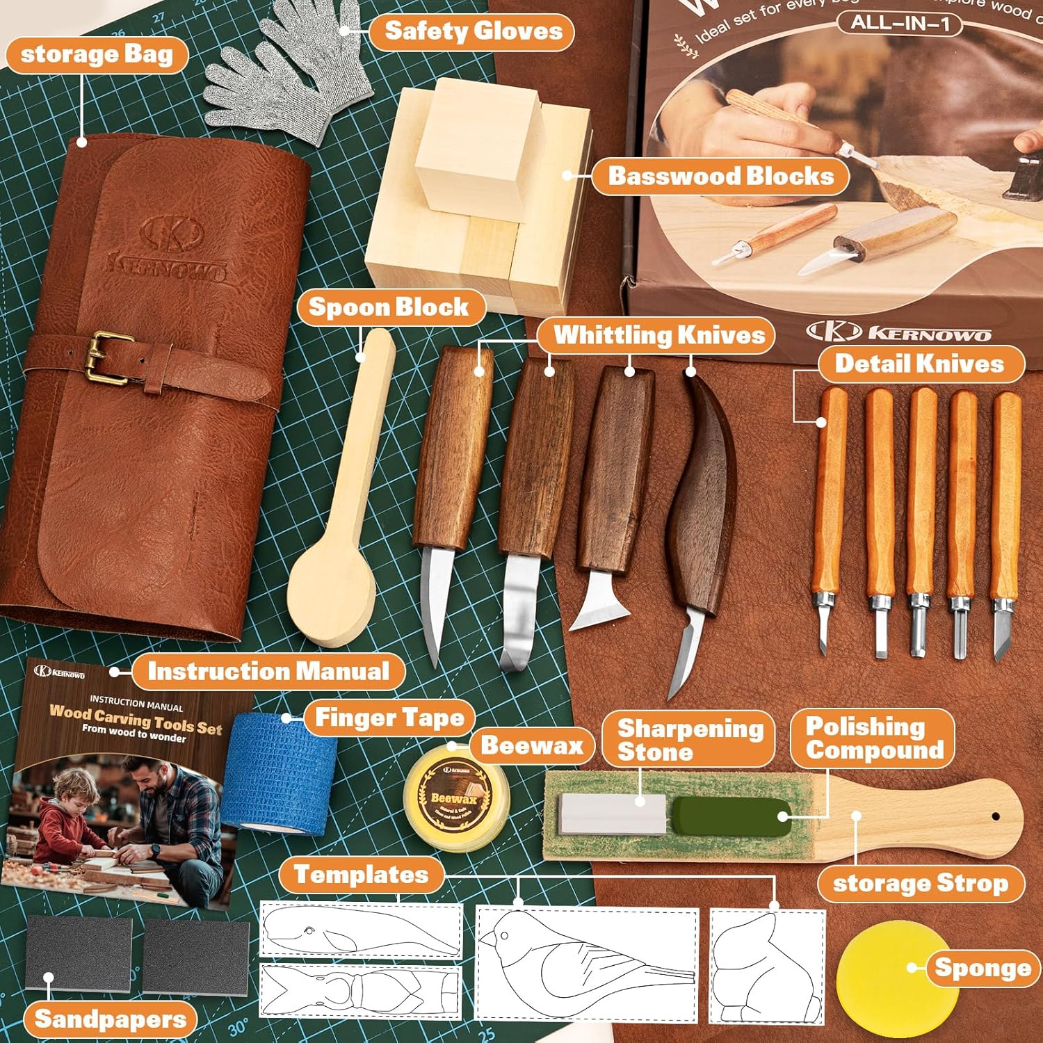 Wood Carving Kit, 32Pcs Wood Carving Tools with Storage Bag, Wood Whittling Knife Kit with 4pcs Templates & 11pcs Wood Carving Knives for Wood DIY Beginners