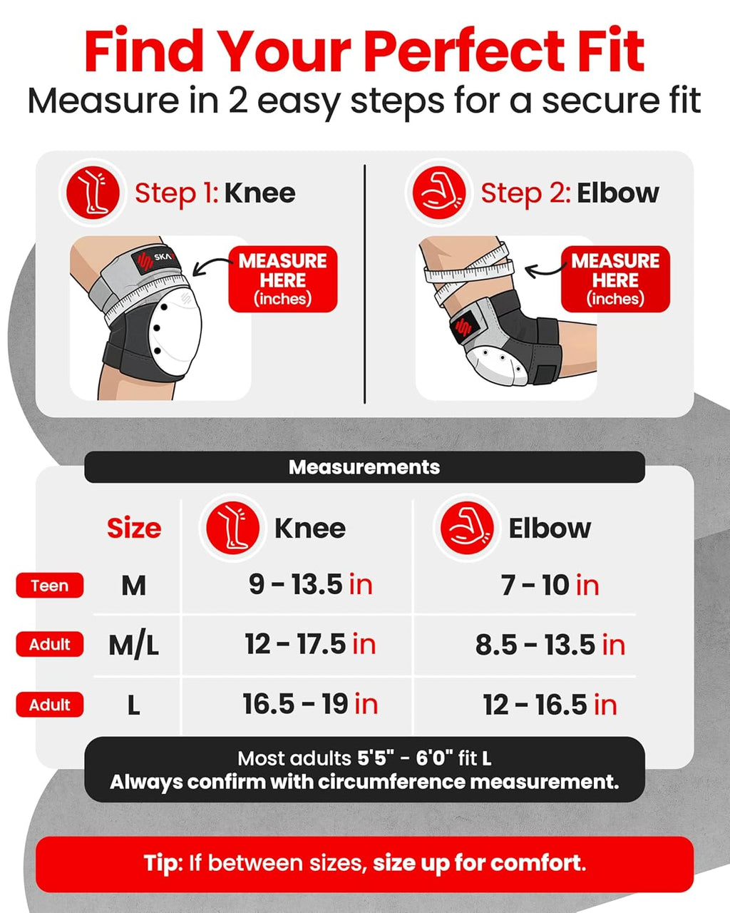 SKATEWIZ Bike Knee Pads - Skateboard Safety Gear - Shield - Size M/L Grey White - Skate & Skateboarding Wrist Guards for Skating Adult with Elbow Pads - Roller Skates, Inline Skates