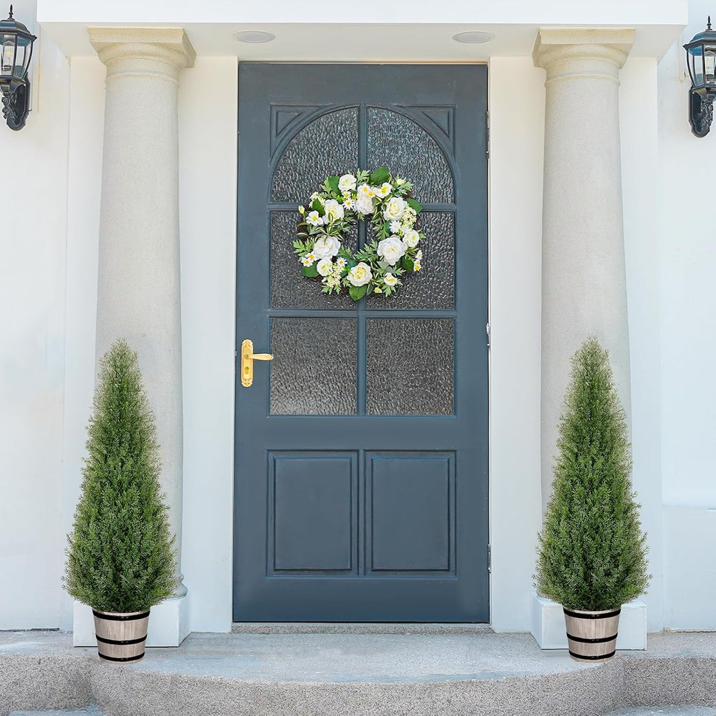 VIVATREES 3FT Artificial Cedar Topiary Trees with Rustic Barrel Planter, Outdoor Indoor Realistic Faux Pine Shrubs Plants, Fake Cypress Trees for Home Offices Porch Decor, Set of 2