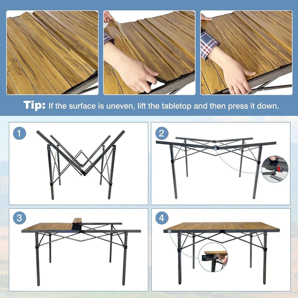 29.9" Tall Folding Camping Table for 2-6 Person, 54.7" Large Aluminum Foldable Roll-up Table Outdoor with Carry Bag for Picnic, Camp, Sturdy, Backyard, Patio