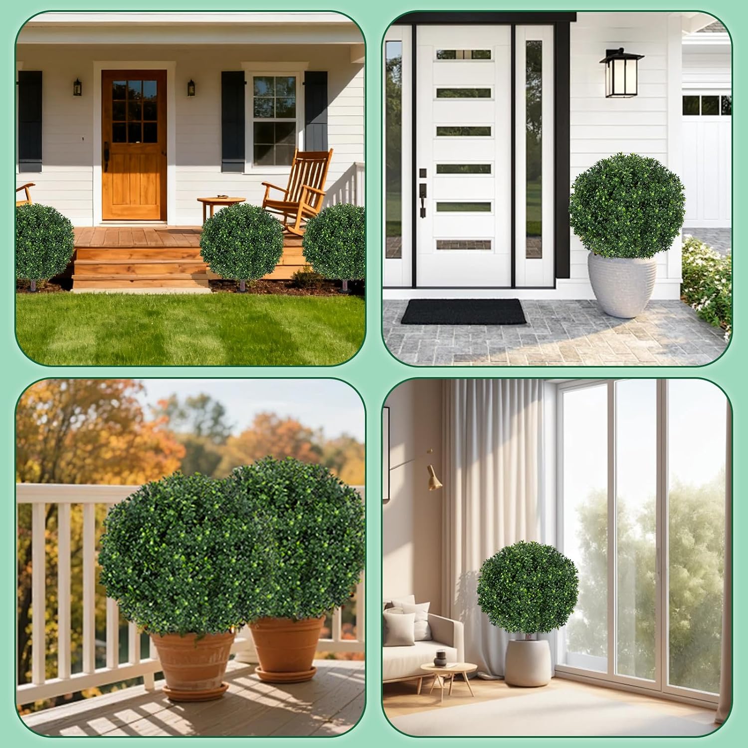 27.5" Artificial Boxwood Topiary Ball Tree, Set of 2 Fake Bushes Shrubs with Ground Spike, UV Resistant Faux Evergreen Boxwood Trees for Front Porch Planters Outdoor Garden Decor