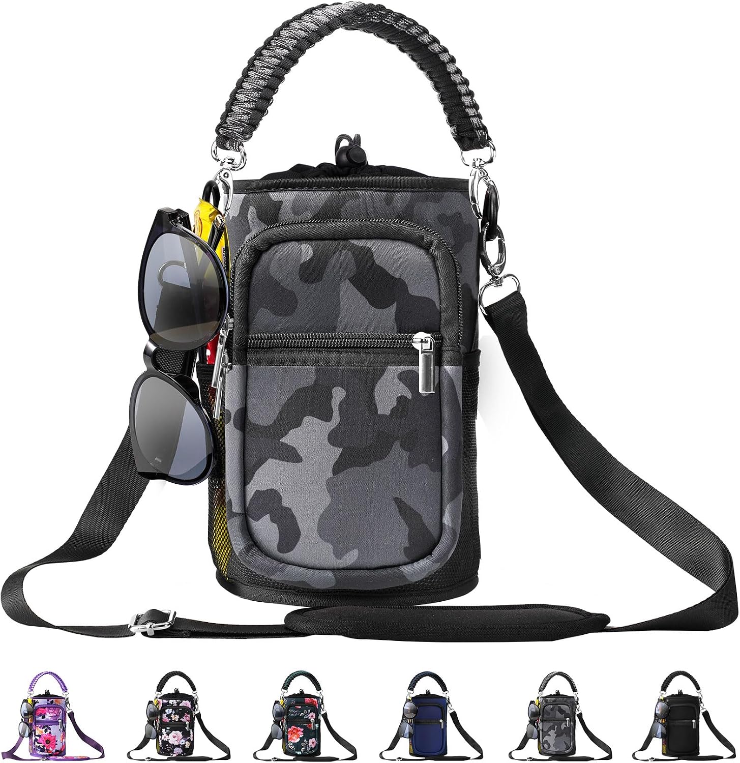 AceTreker 32/40/64/87/128 oz Water Bottle Carrier Bag, Neoprene Water Bottle Sleeve with 4 Pocket, Sport Water Holder with Paracord Handle and Shoulder Strap for Walking Hiking Camping Gym
